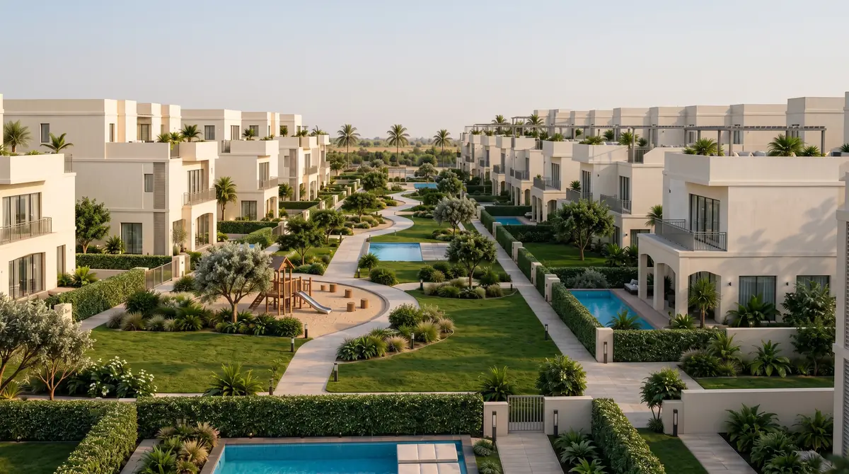 Asayla – Elevated view of a garden walk between villa rows, private pools and a playground